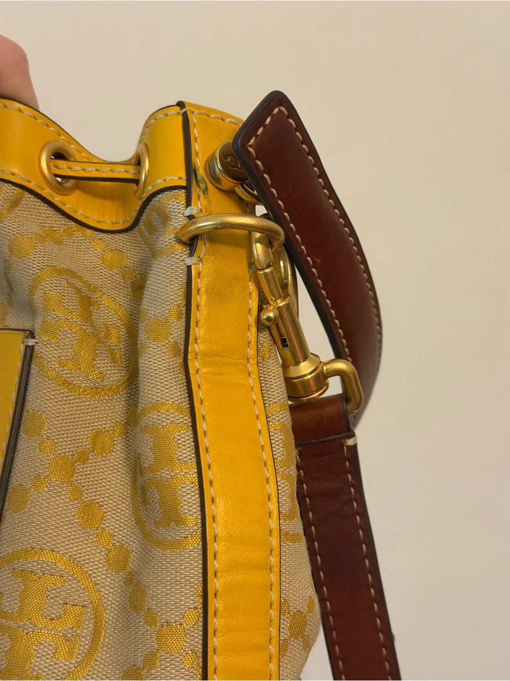 Tory Burch Yellow Logo Bucket Shoulder Bag with Brown Strap